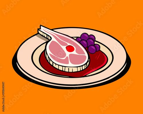 Tender meat cutlet served with a rich purple grape glaze and fruit on a round plate - Vector Illustration