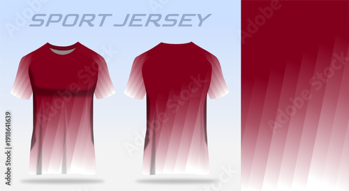 Sport jersey fabric design template in gradient red and white, featuring dynamic patterns and modern athletic style, ready for sublimation printing and custom team uniform production.