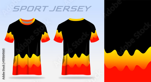 Sport jersey black halfprint design featuring bold yellow and orange wave accents with modern athletic style, ready for sublimation printing and custom team uniform production.