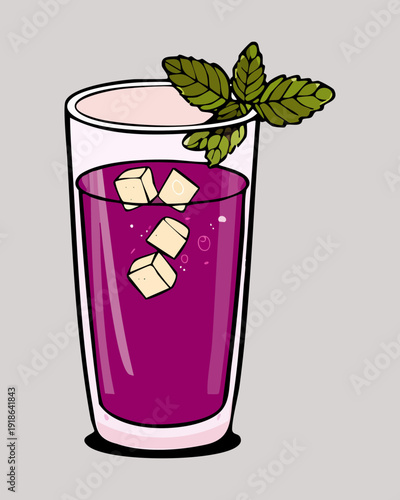 Tall glass of iced grape juice with fresh mint leaves for a healthy summer beverage - Vector Illustration