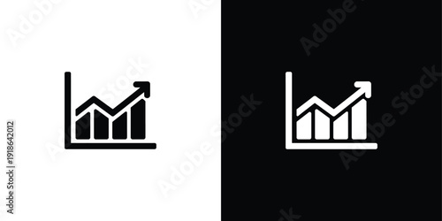 A white and black icon of a bar graph with an upward trend arrow