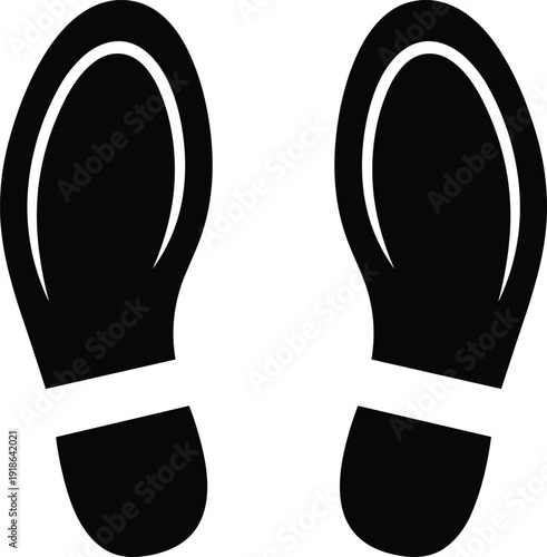 Shoe prints icon, footwear silhouette symbol, standing position marker, social distancing guide illustration, movement direction vector design