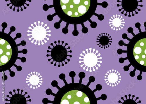 Stylized virus particles illustration in a seamless pattern on a purple background for healthcare.