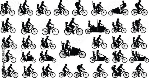 Silhouette illustration of diverse bicycles, riders with children, cargo bikes, tandem cycles, creative vector art for urban commuting themes