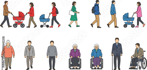 Silhouette illustration of diverse people, adults walking, parents with strollers, seniors with canes, wheelchair users, creative vector art for accessibility themes