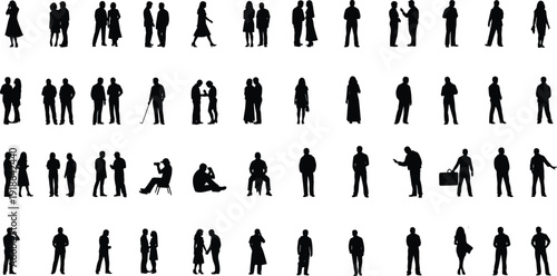 Silhouette vector illustration of people standing, walking, sitting, talking, interacting in pairs and groups, human posture design collection