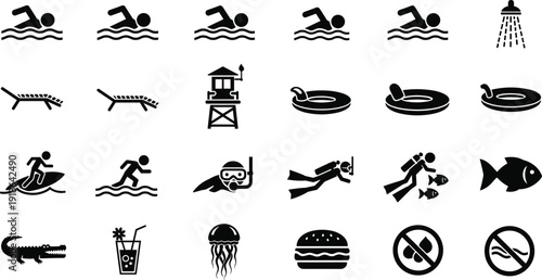 Swimming and beach activity icons, water sports symbols, aquatic recreation pictograms, pool safety illustration, summer vacation vector design