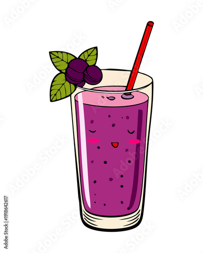 Fresh purple berry smoothie in glass with red straw and mint garnish for healthy morning breakfast - Vector Illustration