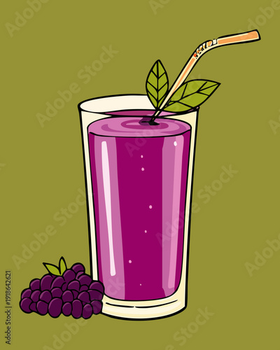 Tall glass of grape smoothie with straw and mint leaf for healthy organic drink and refreshment - Vector Illustration