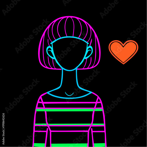 glowing neon portrait of a faceless figure with a sharp bob haircut, outlined in electric pink and cyan against deep black; floating orange heart adds a warm emotional spark