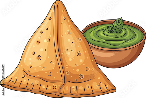 Indian Samosa with Green Chutney Illustration Art