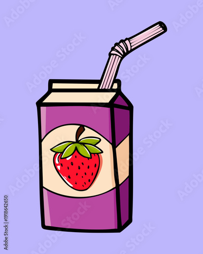 Cute grape milk box with straw and cartoon fruit character for kids drink and dairy product - Vector Illustration