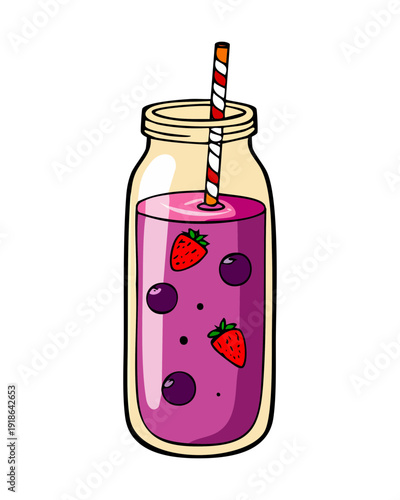 Glass jar of grape jam with fruit pieces and straw for sweet breakfast spread and drink - Vector Illustration