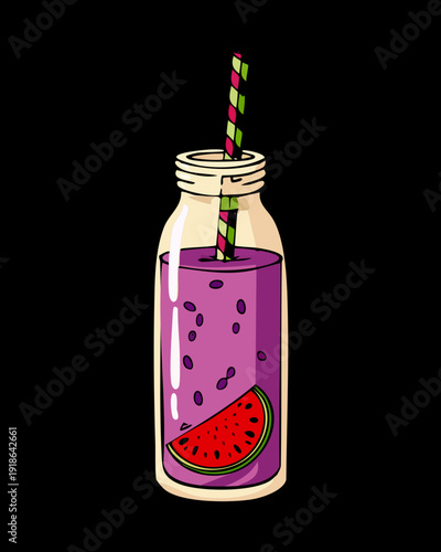 Tall glass jar of grape smoothie with watermelon slice and straw for tropical summer fruit drink - Vector Illustration