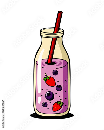 Glass of grape juice with fruit pieces and red straw for refreshing cold berry beverage drink - Vector Illustration