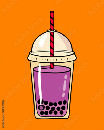 Purple grape bubble tea with dark pearls and straw in plastic cup for refreshing cold beverage - Vector Illustration