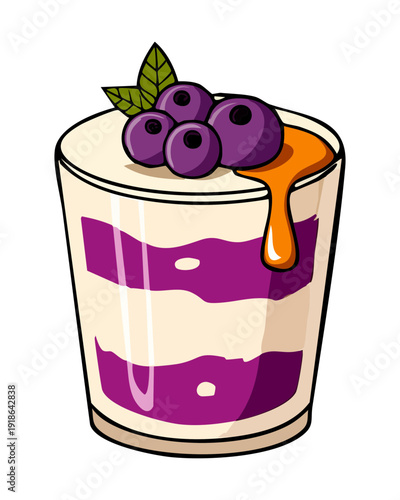 Layered grape mousse dessert with berry garnish in glass for sweet healthy fruit snack treat - Vector Illustration