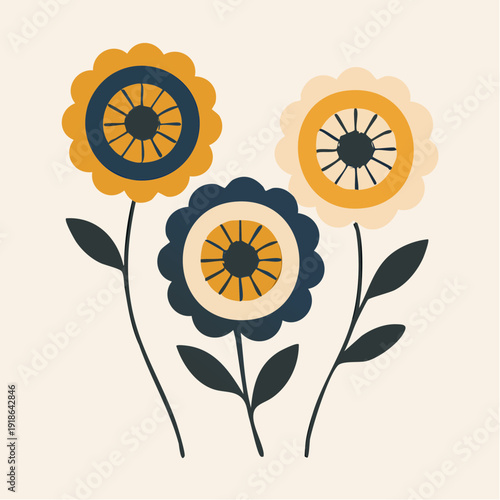 tight little trio of clean, modern, and sweetly understated three scalloped‑petal flowers  dark green stems and leaves keep everything grounded