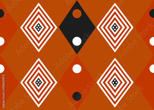 Abstract geometric pattern with diamond shapes and circular dots in earthy tones of brown and orange.