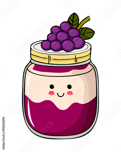 Cute cartoon grape jam jar with smiley face and fruit topping for kids sweet breakfast - Vector Illustration