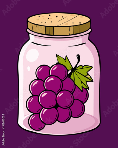 Large glass jar of purple grapes for organic fruit storage and healthy kitchen pantry supply - Vector Illustration