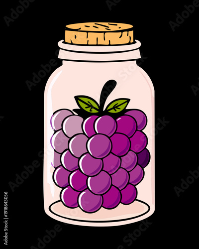 Glass jar filled with fresh purple grapes for organic fruit snack and healthy food storage - Vector Illustration