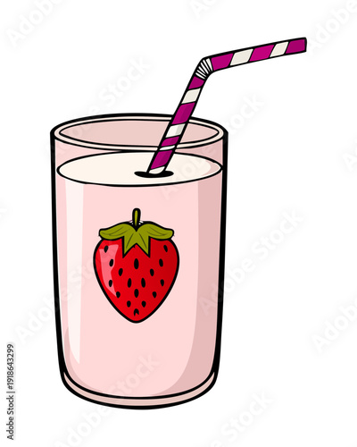 Glass of strawberry milk with straw for healthy sweet dairy drink and kids snack treat - Vector Illustration