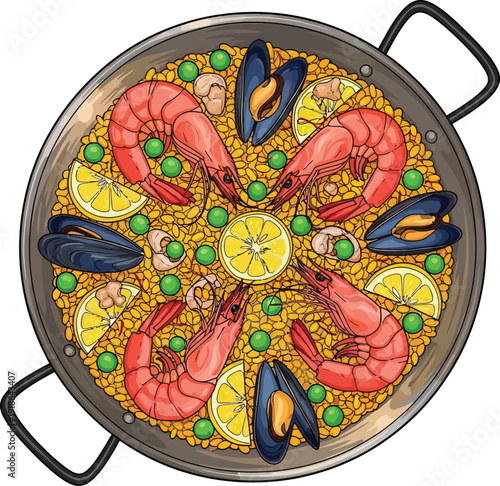 Paella Dish with Shrimp and Mussels in a Pan Illustration