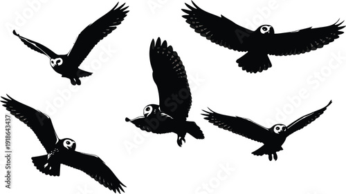 Set of flying owl silhouettes in various dynamic poses black vector illustration for wildlife design and nocturnal themes isolated on white background