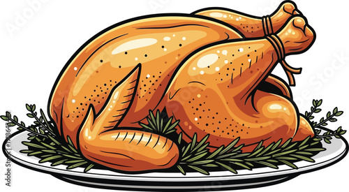 Illustration of Roasted Turkey on Platter with Herbs for Thanksgiving Dinner