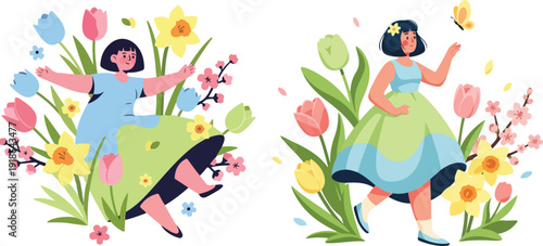 Happy Woman in Flower Garden Celebrating Spring and International Women's Day