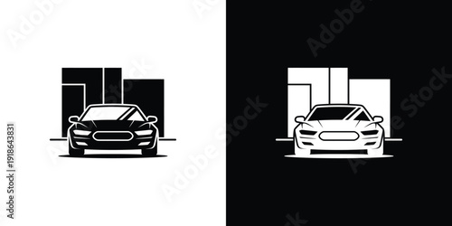 A white car illustration with a cityscape background and geometric shapes on a black background
