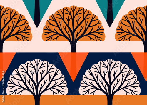Orange and white trees with rounded canopies repeat over a teal and navy blue zigzag background in a seamless abstract pattern.