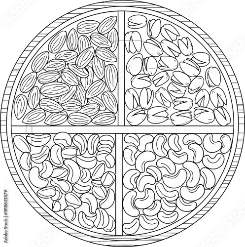 Assortment of healthy nuts including almonds pistachios and cashews served in a divided round tray perfect as a black and white line art illustration for coloring books or recipe concepts