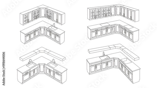 Kitchen Corner Cabinet Plan View Outline Vector Set – L Shape and U Shape Layout CAD Collection