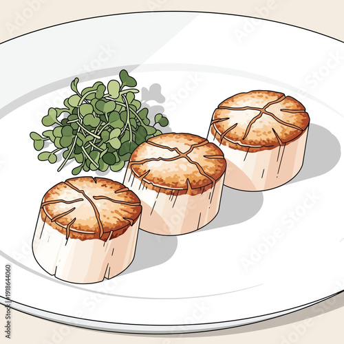 Illustration of Three Souffles on White Plate with Watercress Garnish