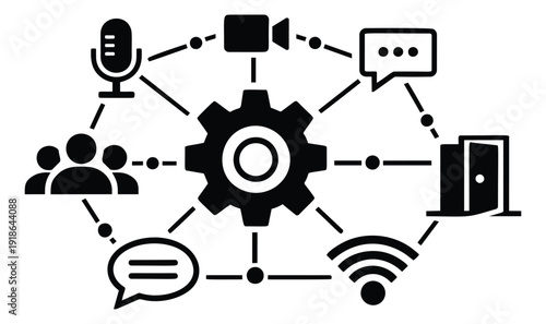 Outline icon illustration of a digital communication system depicting integrated network services for business and technology concepts