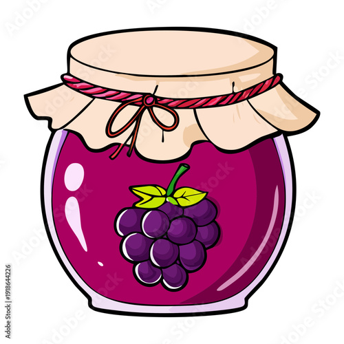 Small glass jar of homemade purple grape jam with string tie for rustic kitchen pantry and breakfast spread - Vector Illustration