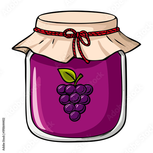 Medium sized mason jar of sweet purple grape conserve with a decorative paper lid for country style kitchen - Vector Illustration