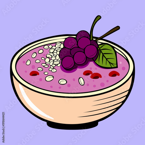 Bowl of purple grape cream soup or smoothie with fresh berries for artistic culinary and healthy eating blog - Vector Illustration