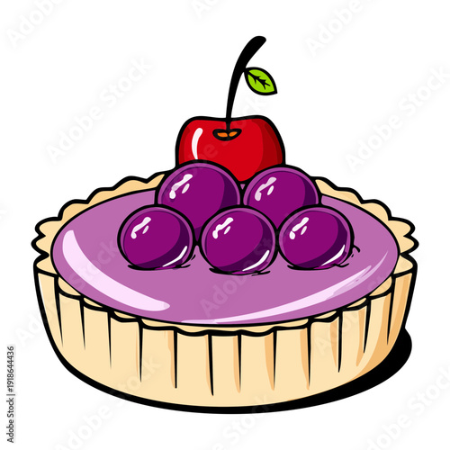 Fancy purple grape cheesecake with a cherry on top for birthday celebration and special occasion dessert menu design - Vector Illustration