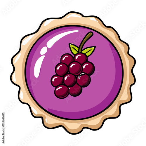 Round purple grape tart with wavy crust and berry topping for gourmet bakery shop and sweet dessert menu - Vector Illustration