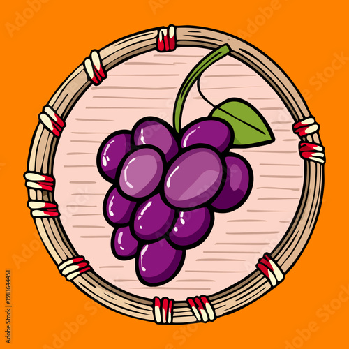 Single bunch of ripe purple grapes in a round wooden frame for winery logo and organic farm label - Vector Illustration