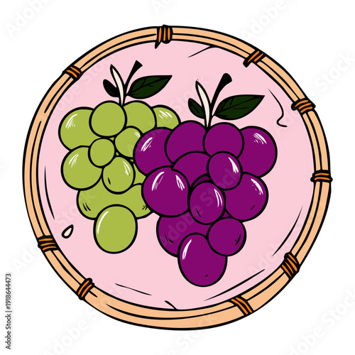 Overhead view of a basket with green and purple grape bunches for winery and vineyard marketing materials design - Vector Illustration