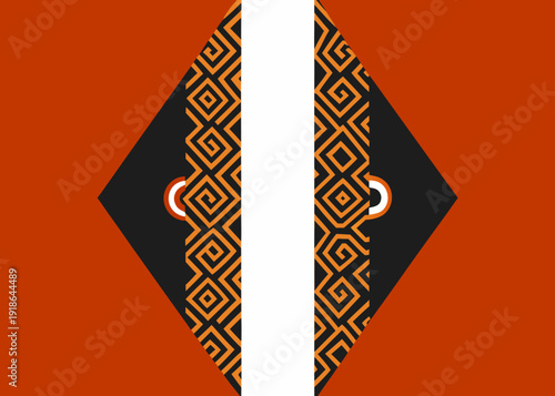 Symmetrical abstract geometric pattern with terracotta background and black diamond shapes