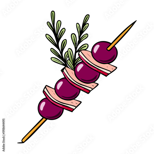 Grilled grape skewer with rosemary and meat for sophisticated BBQ party and creative culinary recipe book illustration design - Vector Illustration