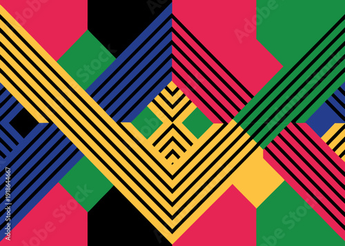 Vibrant geometric background featuring colorful stripes and interlocking diamond shapes