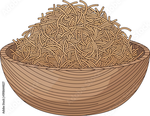 A generous serving of vermicelli noodles in a rustic wooden bowl presented as a vector illustration for food preparation and culinary designs