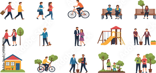 Diverse people vector characters engaging in community activities like gardening, walking dogs, cycling, sitting on benches, and socializing.