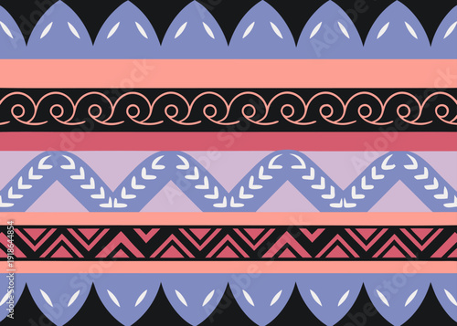 Colorful geometric ethnic pattern with horizontal bands of waves and triangles on a dark background